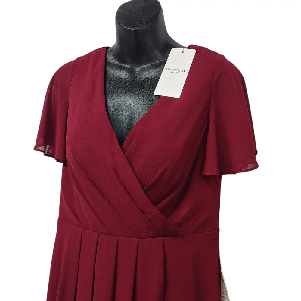 Ever Pretty Burgundy Chiffon Midi Dress US 8 V-Neck Ruffle Sleeves Size L NWT - Picture 6 of 11